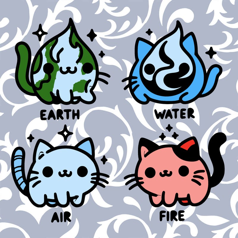 4 cats that represent the different elements, earth, water, air, and fire