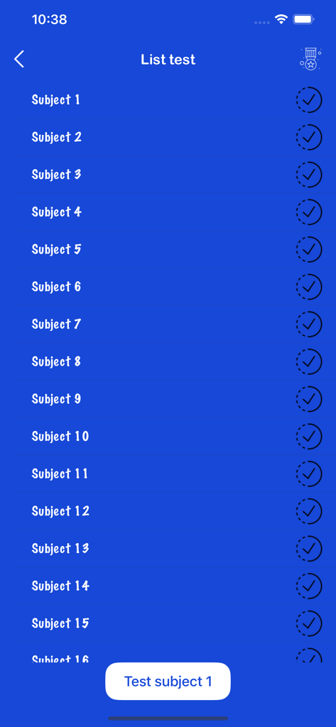 Duo ABC - Duo ABC app interface showing a list of English subjects and tests for 10th grade students