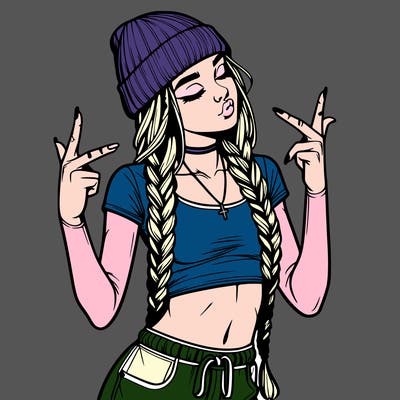 realistic teenage girl with braids and a beanie and crop top doing 🫶🏼