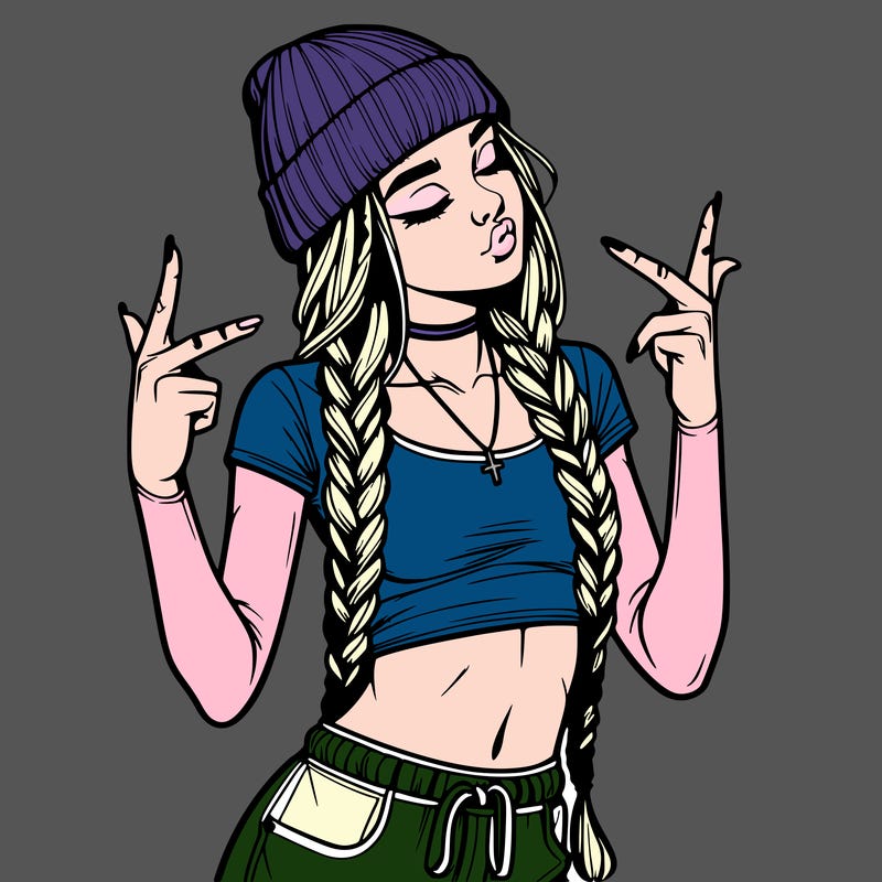realistic teenage girl with braids and a beanie and crop top doing 🫶🏼