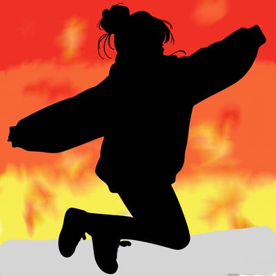 realistic girl jumping with a bun and oversized sweatshirt