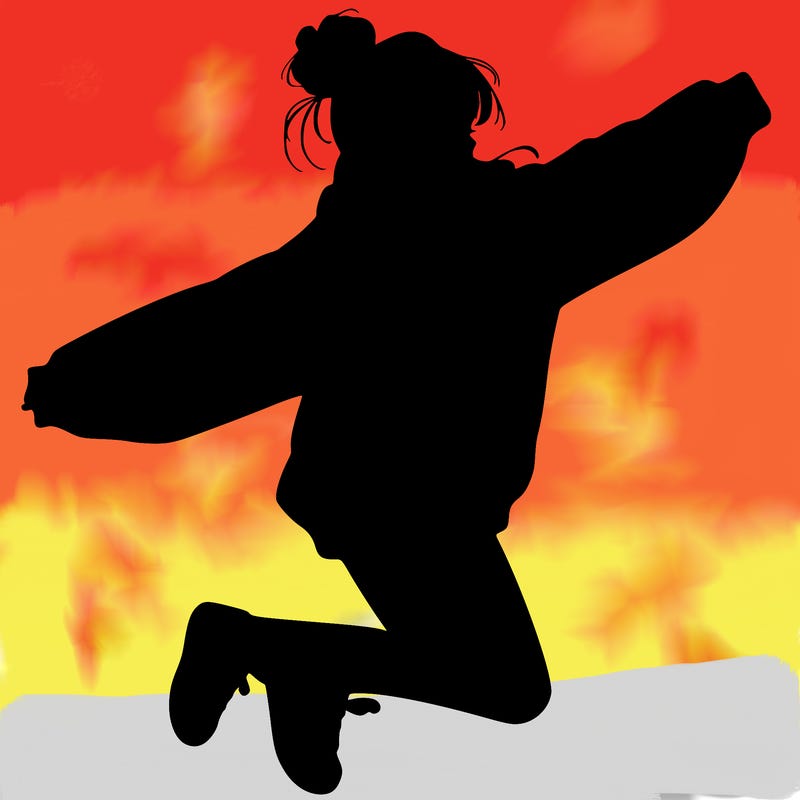 realistic girl jumping with a bun and oversized sweatshirt