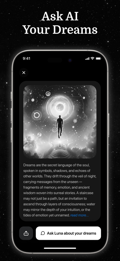 Luna AI - Soulmate Drawing - Luna AI dream interpretation screen with celestial imagery and descriptive text