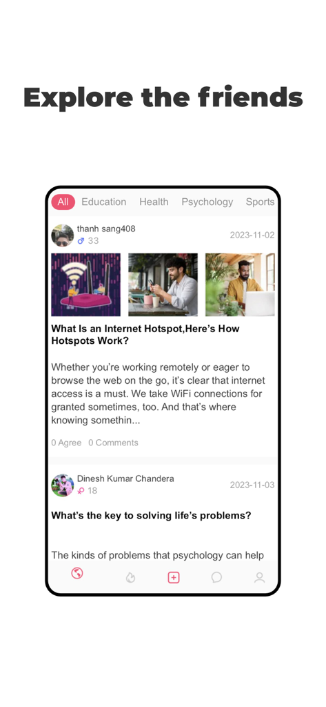 Social feed of the Chato-Live app showing user posts and interest categories like education and psychology