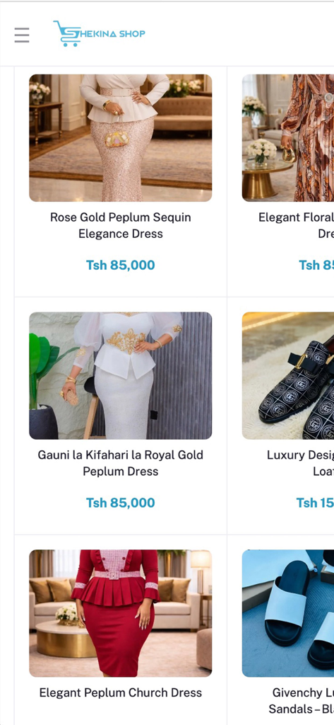 ShekinaShop - ShekinaShop 모바일 앱 인터페이스에 우아한 페플럼 드레스와 럭셔리 신발 컬렉션이 표시됩니다