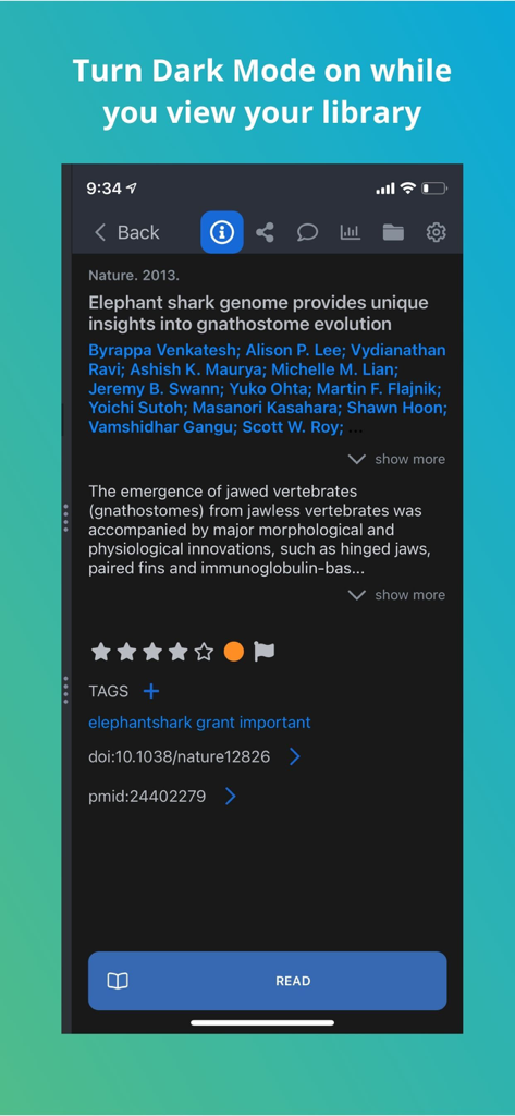 Papers by ReadCube - Oberfläche der Papers by ReadCube App, die einen Forschungsartikel im Dark Mode anzeigt