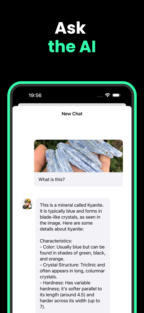 Rock & Stone Identifier AI IBG - Chat del asistente IA identificando un mineral de cianita azul con características geológicas detalladas.