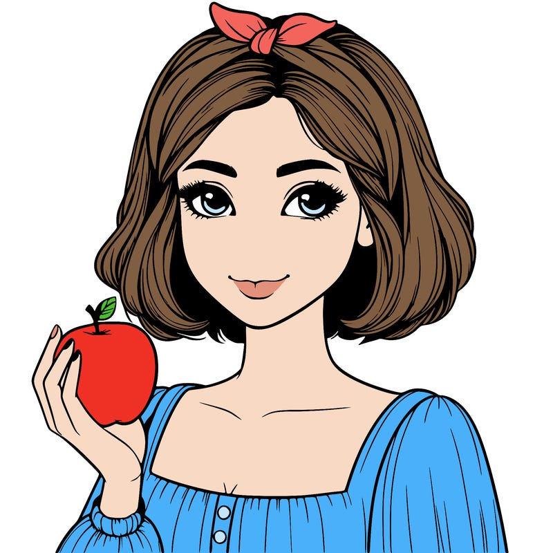 a woman with medium short hair, wearing a headband with a small bow, carrying an apple in her hand, realistic