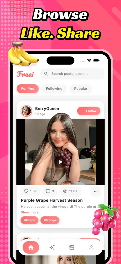 FOYO - Video - The FOYO app interface showing a social feed of fruit-themed AI videos with browse like and share options.