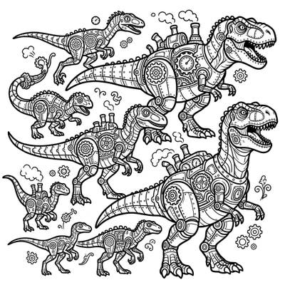 Journey through time with this unique coloring page, showcasing the T-Rex evolutionary lineage reimagined in a captivating steampunk style. Adorned with intricate gears and steam-powered details, these prehistoric beasts await your creative touch.
