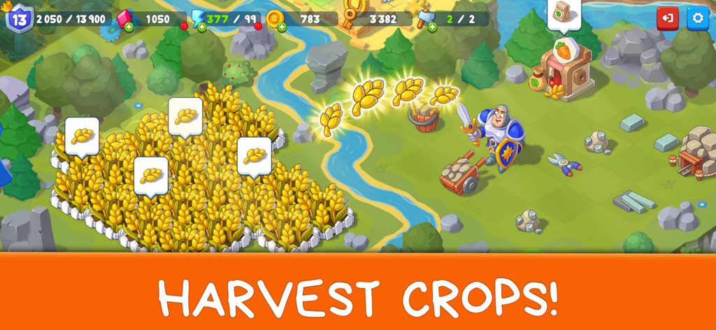 Castle Craft: Merge Quest - Un personaje caballero cosechando trigo en el juego móvil Castle Craft Merge Quest.