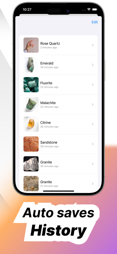 A mobile screen showing a list of identified rocks and crystals in the app's history log