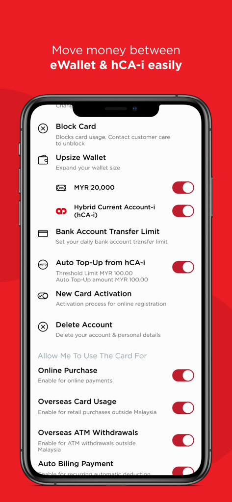 Merchantrade Money - Merchantrade Money app interface showing card security toggles and account management options