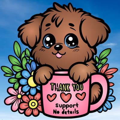 a really cute puppy holding a thank you for support mug with flowers everywhere