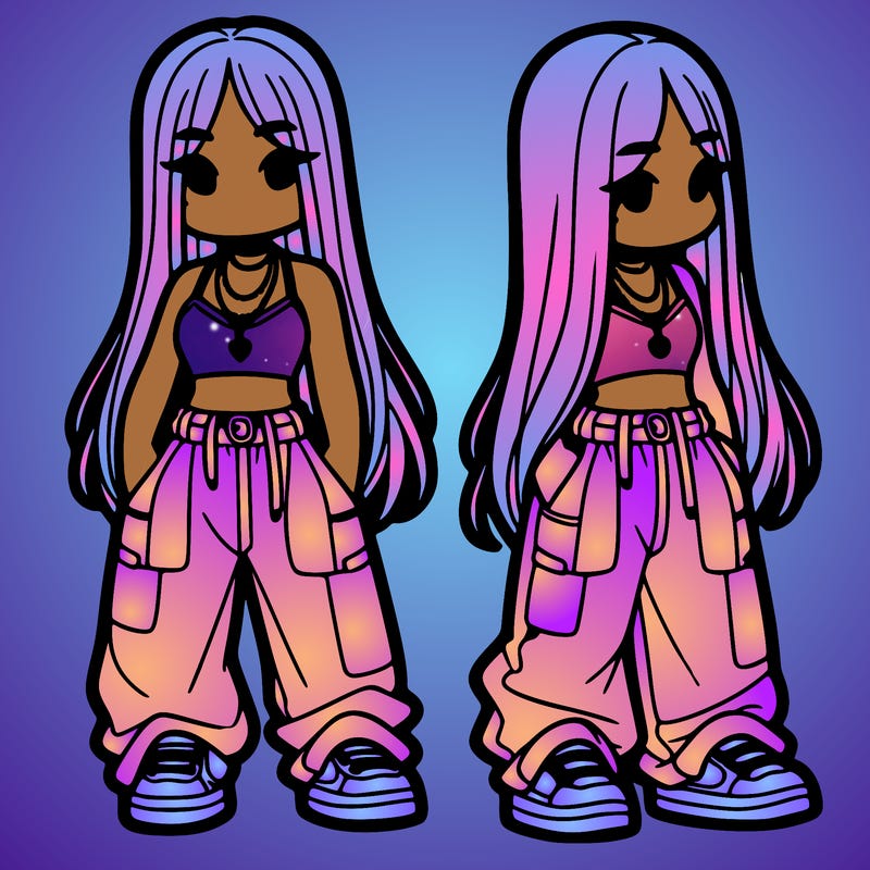 girl in baggy pants crop top and long hair