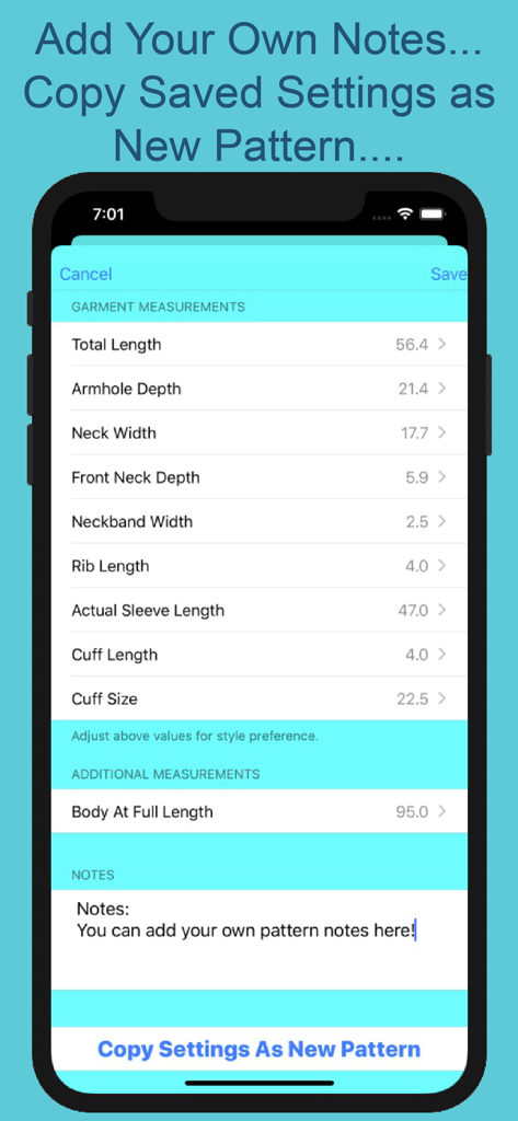Interface of KnitsThatFit app showing adjustable garment measurements and a section for pattern notes