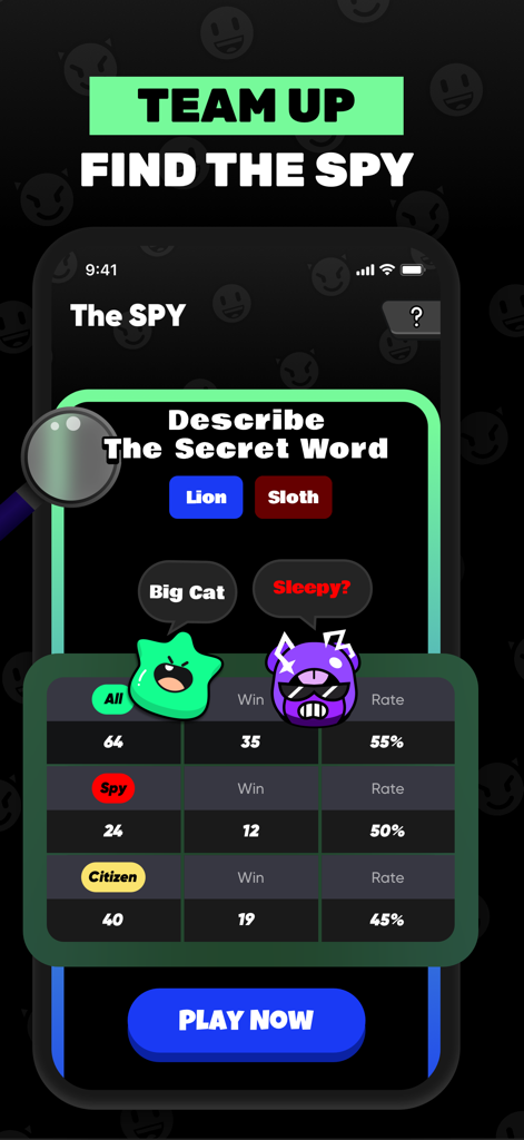 Find the Spy game interface in Three app with secret word descriptions and player stats