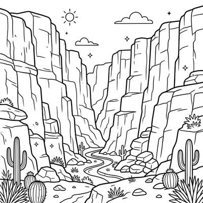 Embark on an exciting coloring journey into the heart of a majestic box canyon! This printable page for kids aged 4-8 features towering rock formations and charming desert flora, ready for your creative touch.
