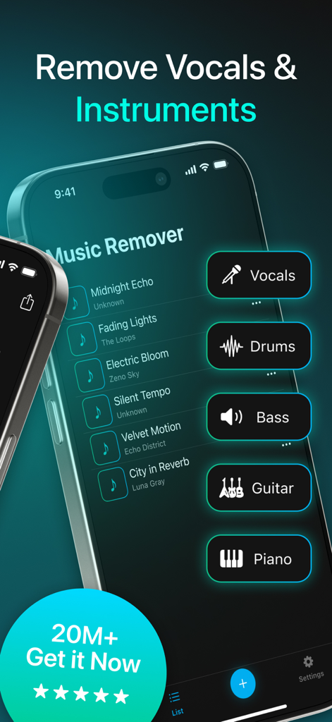Interface of VoxOff app for removing vocals and separating music instruments like drums and bass