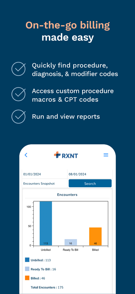 RXNT - RXNT mobile app interface showing medical billing encounters and analytics chart