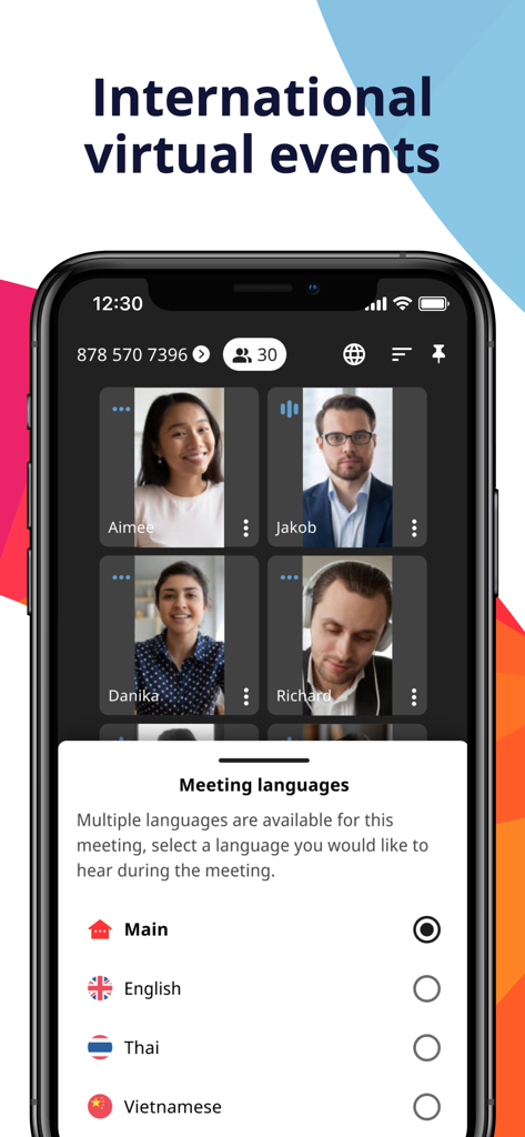VROOM - VROOM 앱 화상 통화 인터페이스로, 여러 참가자와 실시간 번역을 위한 언어 선택 메뉴가 표시됩니다.