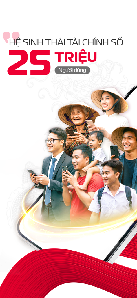 Viettel Money promotional screen showing twenty five million users and a diverse group of Vietnamese people using their smartphones