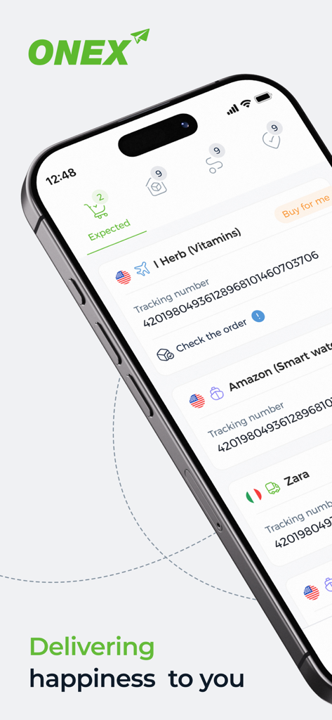 ONEX - Online Express - Smartphone interface of the ONEX app showing expected international package tracking from retailers like Zara and Amazon