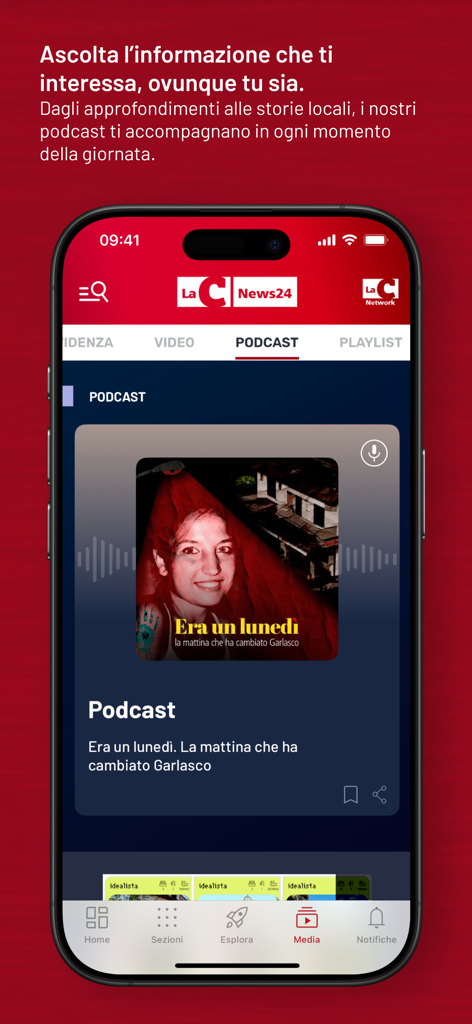 Smartphone displaying the podcast section of the LaC News24 mobile app featuring local news and stories.