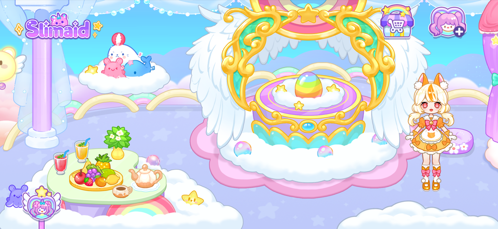Slimaid Princess: Unicorn - A cute anime girl character standing near a rainbow egg platform and a table of fruit in a pastel unicorn themed digital dollhouse game.