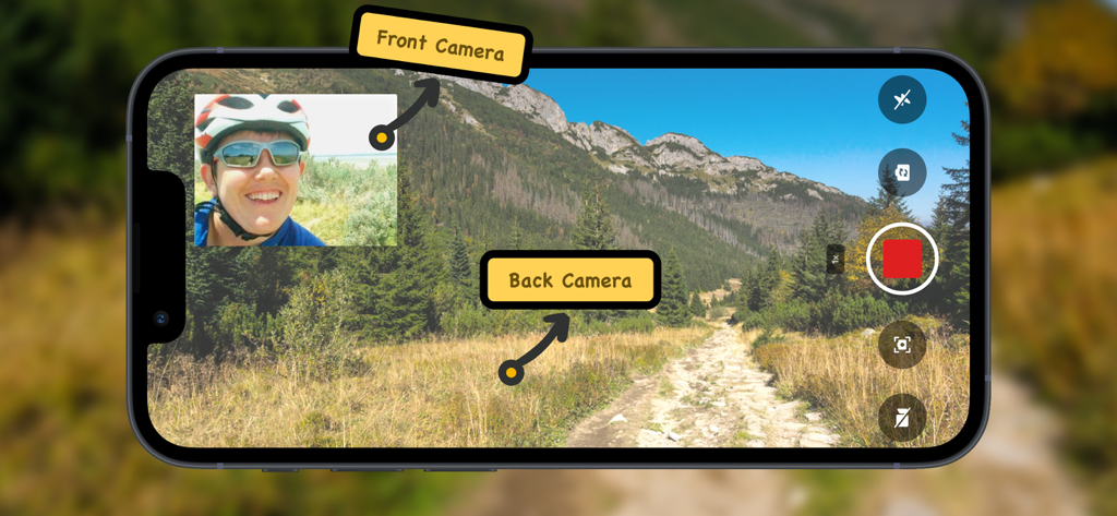 Double Camera: Video Recording - A smartphone screen showing the Double Camera app recording video using both front and back cameras simultaneously.