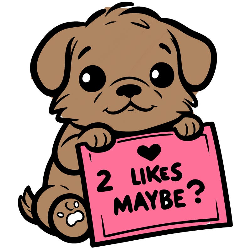 a puppy holding a sign that says 2 likes maybe?