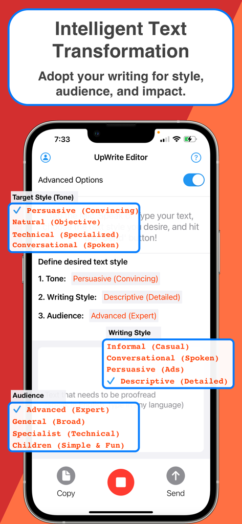 UpWrite: Grammar Check & Fix - UpWrite app interface showing options to customize writing tone, style, and target audience
