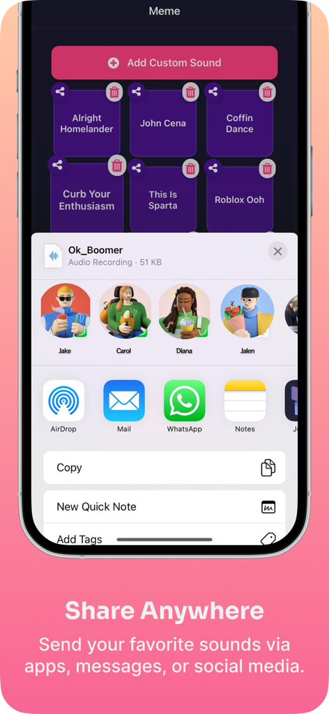 Soundboard Pro app interface showing the share menu to send meme sound effects via various apps