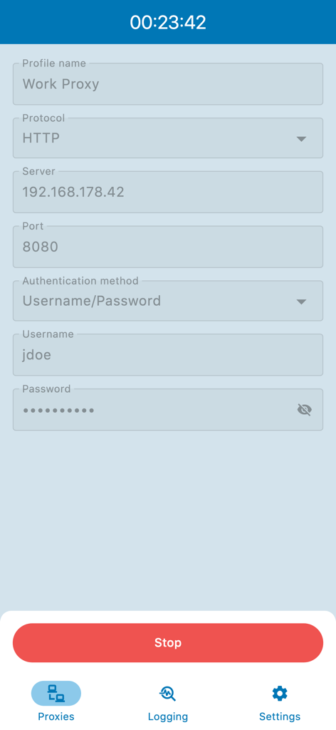 Super Proxy app interface showing HTTP proxy configuration with server and port details