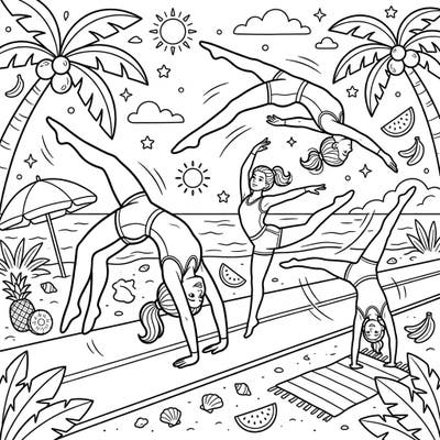Get ready to tumble into a vibrant summer with this exciting coloring page! Watch as talented gymnasts perform incredible feats on a sunny beach, surrounded by tropical delights.