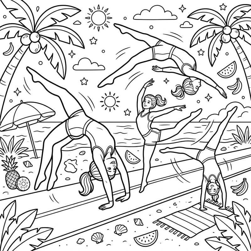 Get ready to tumble into a vibrant summer with this exciting coloring page! Watch as talented gymnasts perform incredible feats on a sunny beach, surrounded by tropical delights.