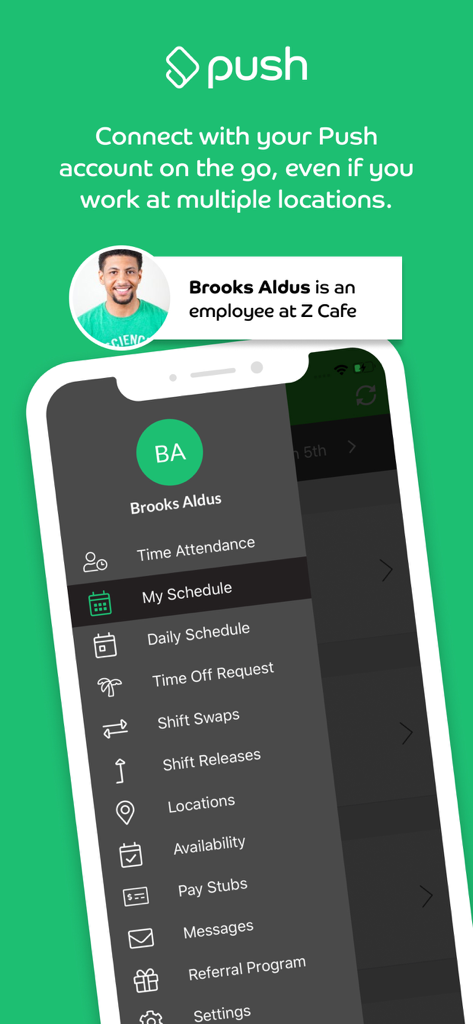 Navigation menu of the Push Employee mobile app showing options for schedules shift swaps and time off requests