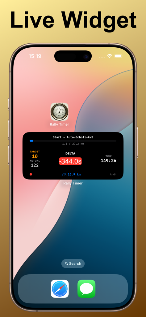 Widget ao vivo do OldTimer Rally Timer na tela inicial do iPhone mostrando dados da corrida e tempo delta