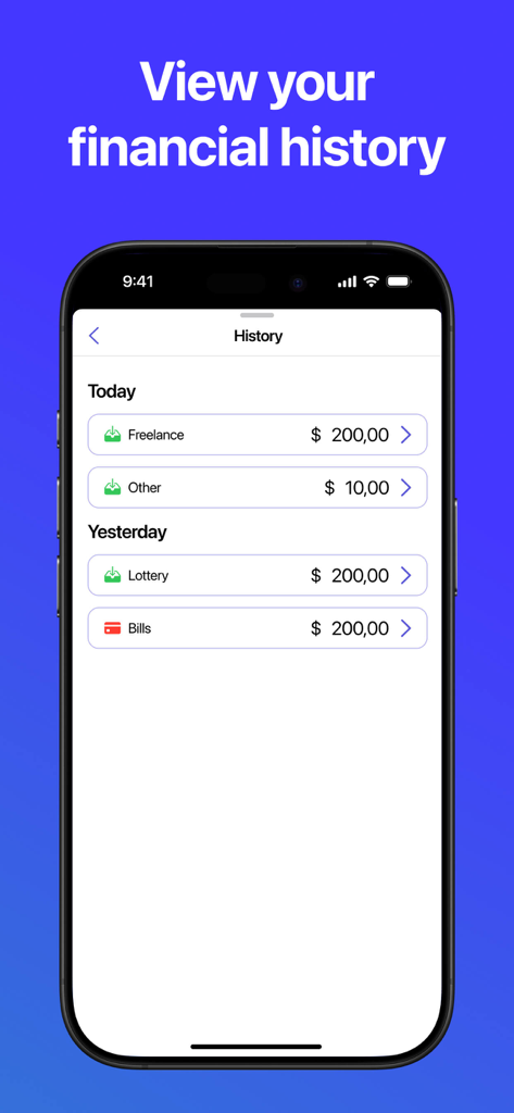 Mobile app interface showing a list of daily income and expenses in a financial history view