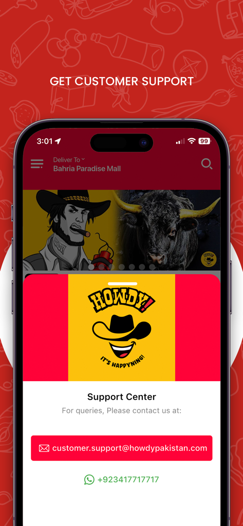 Howdy Pakistan - Pantalla de soporte al cliente de la app de Howdy Pakistan mostrando el correo electrónico de contacto y el número de WhatsApp