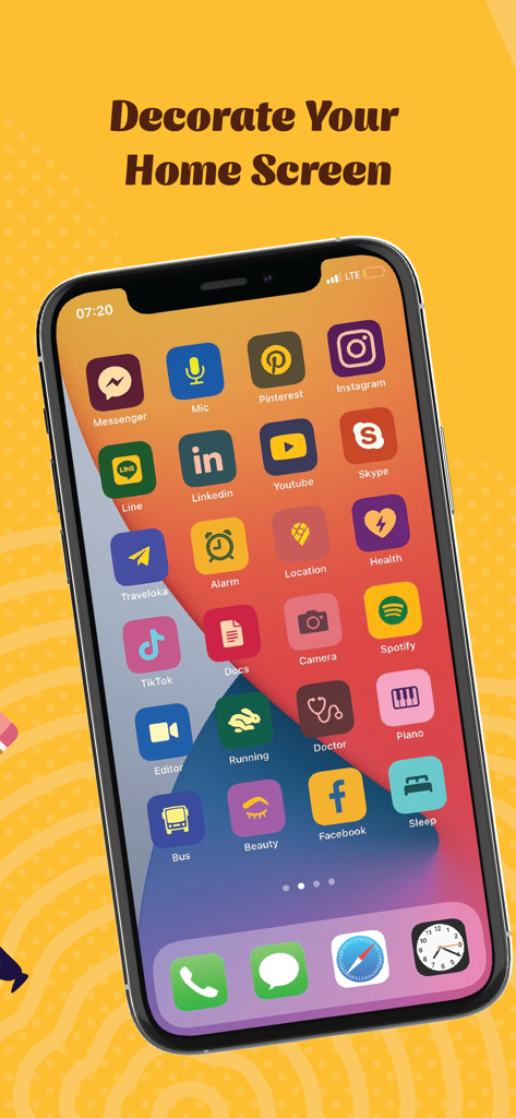 iPhone Home Screen mit einer Vielzahl von angepassten, bunten App-Icons