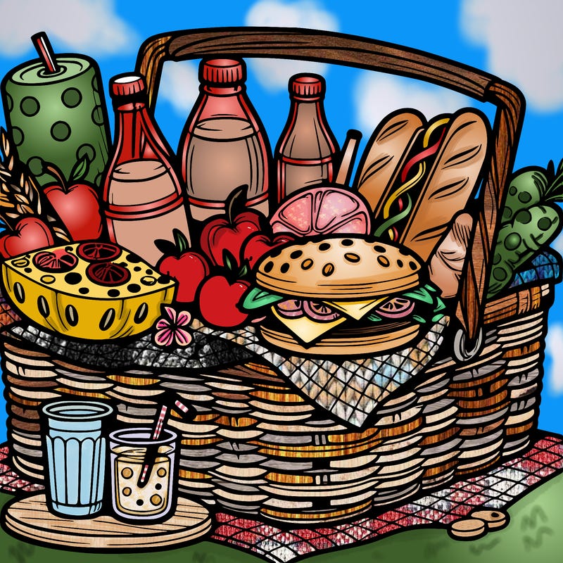 a picnic basket filled with delicious food and refreshing drinks