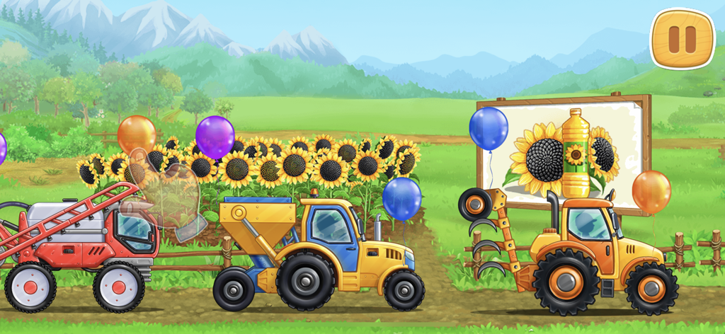Farm car games: Tractor, truck - Coloridos tractores y camiones de granja de dibujos animados en un campo de girasoles dentro de una aplicación educativa para niños pequeños
