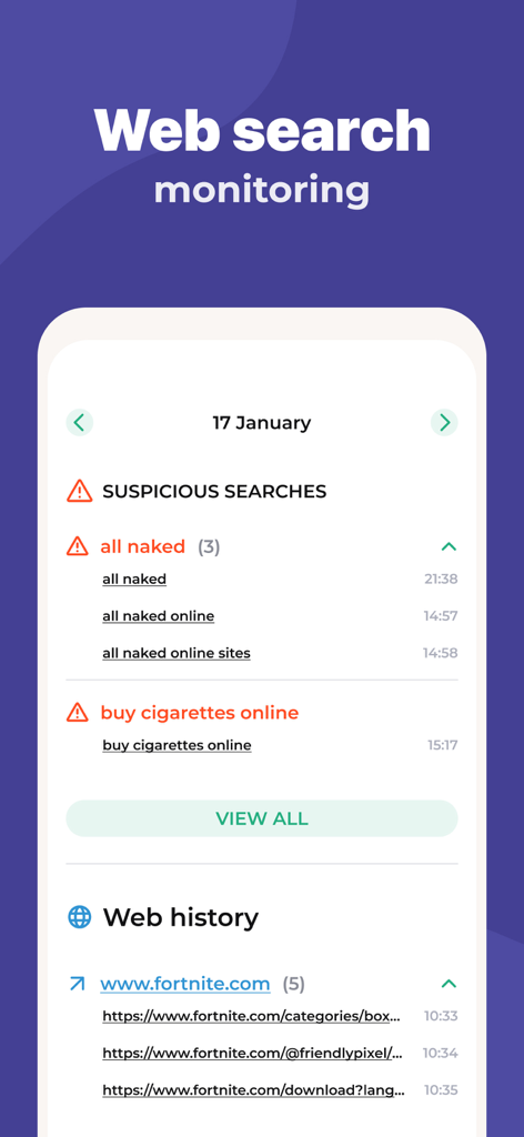 Parental Control App - Kidslox - Kidsloxアプリのインターフェースに、不審な検索アラートと閲覧履歴が表示されるウェブ検索監視機能が表示されています。