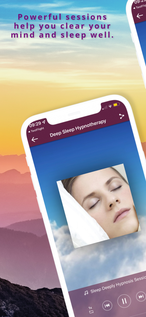 Deep Sleep Hypnotherapy - Interfaz de la aplicación móvil Hipnoterapia para Dormir Profundamente mostrando una sesión de sueño guiada con una mujer durmiendo pacíficamente