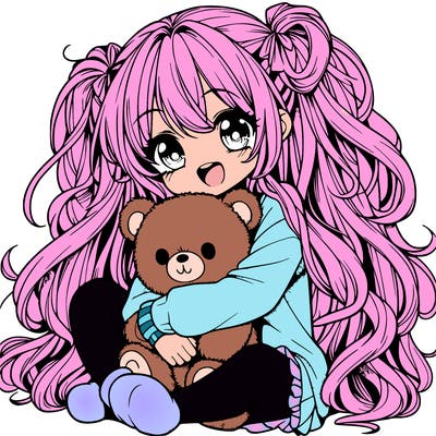 manga girl, long curly hair, happy, cuddling a teddy bear