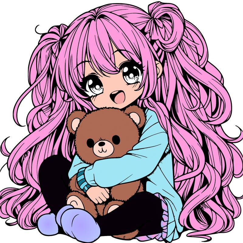 manga girl, long curly hair, happy, cuddling a teddy bear
