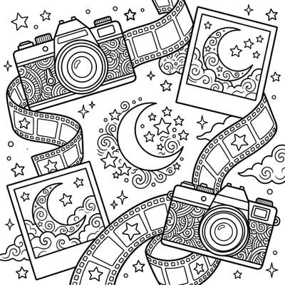 Unwind with this captivating coloring page that blends the charm of vintage photography with a serene night sky. Featuring classic cameras, winding film, and celestial elements, it's a perfect canvas for your creative journey.