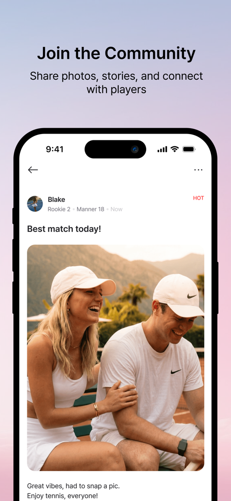SMAXH : Find Tennis Players - A mobile app screen showing a social community feed where tennis players share photos and stories of their matches.