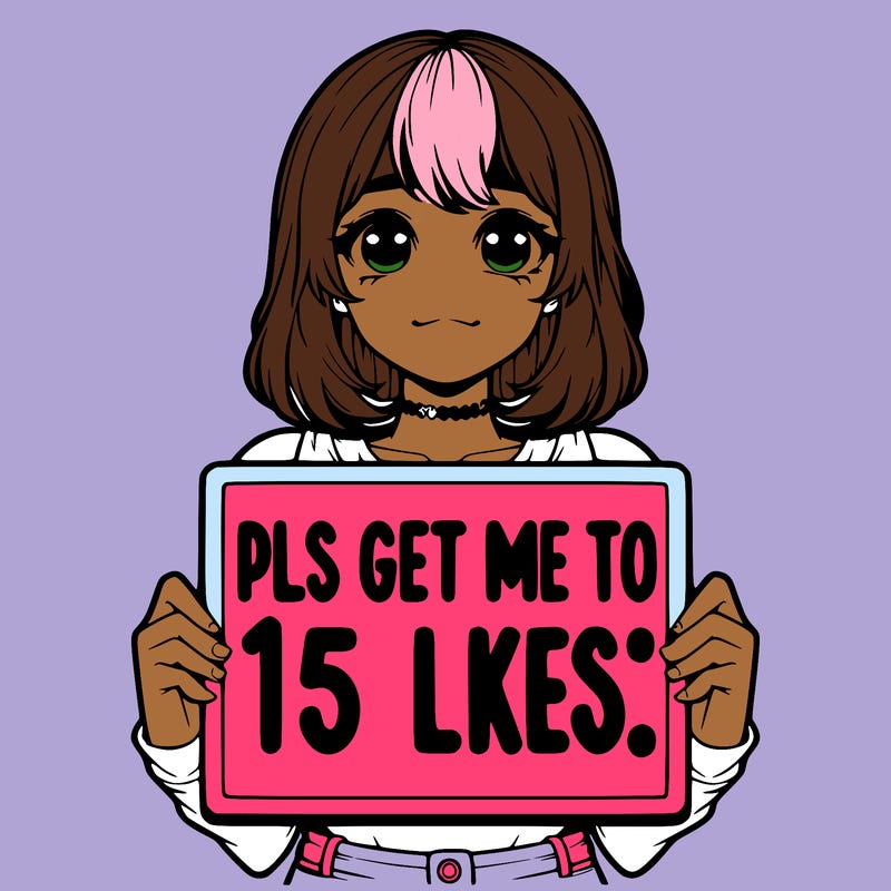 realistic girl holding up a sign that says “pls get me to 15 likes!”